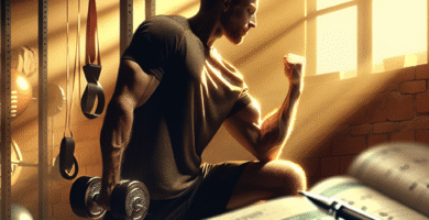 Person som trener triceps i et moderne hjemmegym, fokus på motivasjon: treningsdagbok, kalender og varmt lys, inspirerende og realistisk stil