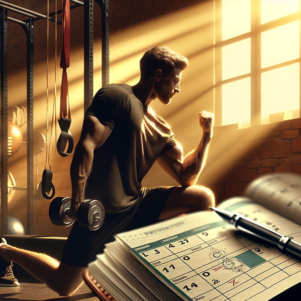 Person som trener triceps i et moderne hjemmegym, fokus på motivasjon: treningsdagbok, kalender og varmt lys, inspirerende og realistisk stil
