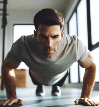 Nærbilde av en person som gjør smale push-ups i et lyst hjemmegym, fokus på triceps-muskulatur, naturlig lys, minimalistisk bakgrunn