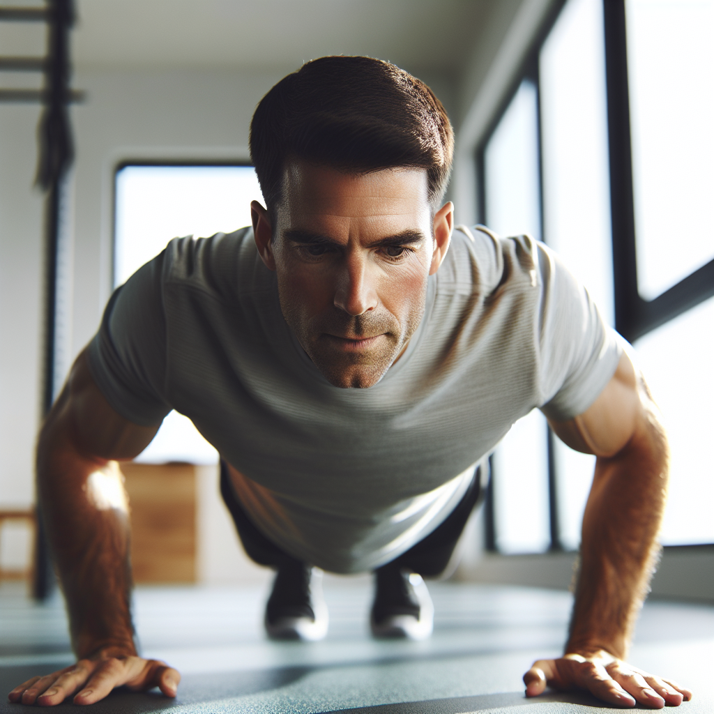 Nærbilde av en person som gjør smale push-ups i et lyst hjemmegym, fokus på triceps-muskulatur, naturlig lys, minimalistisk bakgrunn
