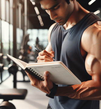 Nærbilde av en atlet som planlegger treningsmål med notatblokk ved gym, fokus på triceps, moderne og motiverende, klart lys
