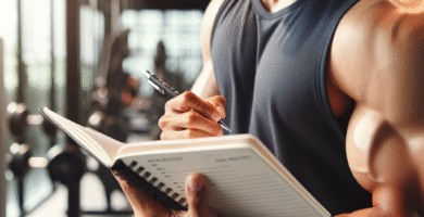 Nærbilde av en atlet som planlegger treningsmål med notatblokk ved gym, fokus på triceps, moderne og motiverende, klart lys