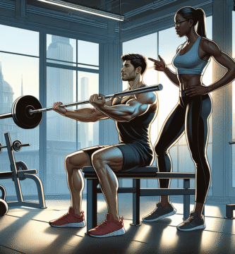 To personer på treningsstudio som samarbeider om triceps-øvelser, en spotter og en løfter, fokus på teknikk og trygghet, moderne treningsmiljø, naturlig lys, realistisk stil