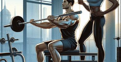 To personer på treningsstudio som samarbeider om triceps-øvelser, en spotter og en løfter, fokus på teknikk og trygghet, moderne treningsmiljø, naturlig lys, realistisk stil