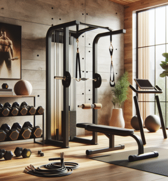 Moderne hjemmegym med fokus på triceps-utstyr: manualer, kabelmaskin, dipstasjon og treningsbånd i varmt, naturlig lys