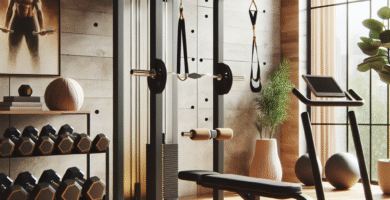 Moderne hjemmegym med fokus på triceps-utstyr: manualer, kabelmaskin, dipstasjon og treningsbånd i varmt, naturlig lys