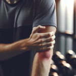 Nærbilde av en atlet som rehabiliterer albuen med lette øvelser, treningsmiljø, klare, rolige farger, fokus på albue og triceps