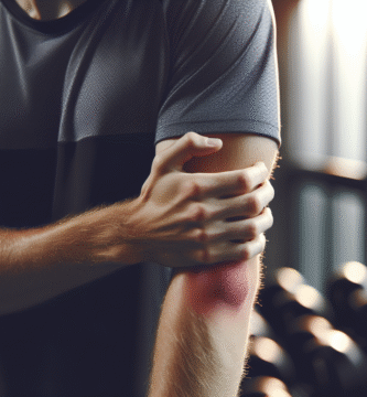 Nærbilde av en atlet som rehabiliterer albuen med lette øvelser, treningsmiljø, klare, rolige farger, fokus på albue og triceps