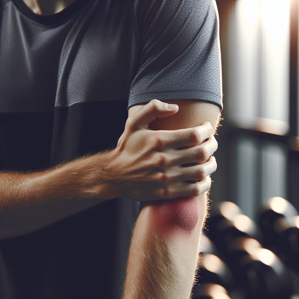 Nærbilde av en atlet som rehabiliterer albuen med lette øvelser, treningsmiljø, klare, rolige farger, fokus på albue og triceps